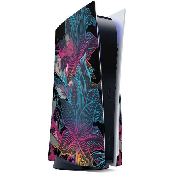 DeinDesign Konsolen-Cover Neon Blumen bunt Neon Flower Power, Sony Playstation 5 Disc Edition Skin Aufkleber Sticker Folie