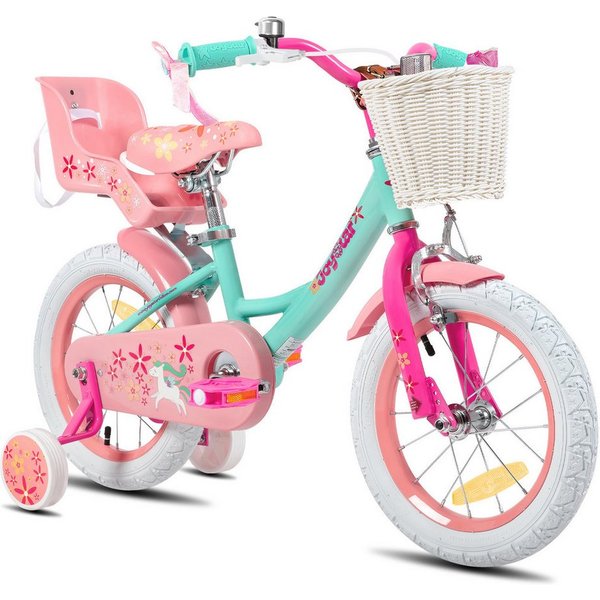 JOYSTAR Kinderfahrrad 12 14 16 18 Zoll Mädchenfahrrad, 2-9 Jahre, Geschenk für Prinzessin, 1 Gang, Puppenradsitz & Stützrädern& Korbstreamer, 18 Zoll mit Stützr