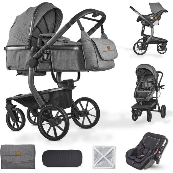 Bronea Kombi-Kinderwagen UNICO Design-Kinderwagen 3-in-1 mit MATRATZE, BUGGY & AUTO-BABYSCHALE, EINHAND-FALTSYSTEM, Wickeltasche,Regen- & Mücken- & Sonnenschutz