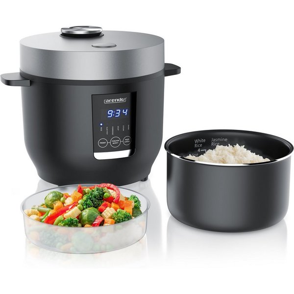 Arendo Reiskocher Digitaler Multikocher, Kochprogramme, Timer, Warmhaltefunktion Display, 350 W, 2 l, antihaftbeschichteter Gartopf, Reislöffel & Messbecher