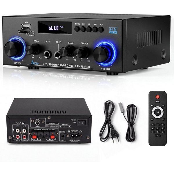 AKKEE AK-50 HiFi-Verstärker 2 Kanäle Endverstärker Bluetooth Stereo Audio Verstärker (800 W, 12V/ 220V 800W 2 Kanäle Endverstärker Soundverstärker w/UKW-Radio)