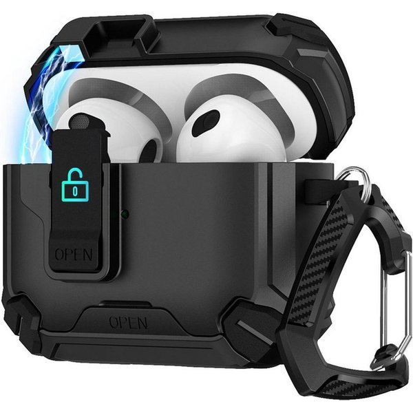 CoolGadget Kopfhörer-Schutzhülle Defender Hülle für Apple AirPods 4 magnetisch mit Karabiner, 360° Full-Body Case Schutzhülle Handy Standfunktion magnetisch lad