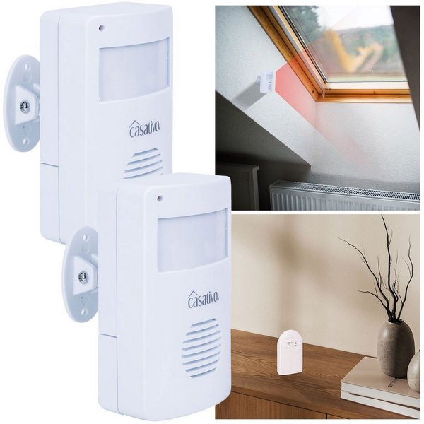Casativo Bewegungsmelder Funk-Durchgangsmelder PIR-Sensor 8m Kabelloser Alarm-Bewegungsmelder, (2-St., 1er-Set & 2er-Set), 8m PIR-Sensor, 30m Reichweite & 3 Kli