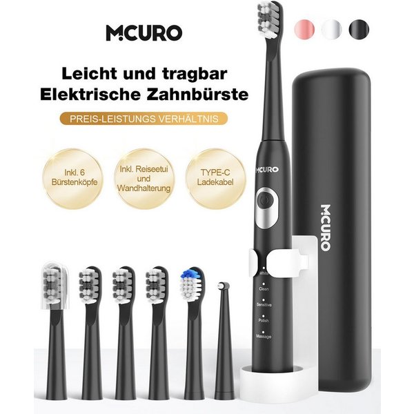 MCURO Elektrische Zahnbürste Schallzahnbürste für Zahnpflege 40000 VPM, 5 Putzmodi, Aufsteckbürsten: 6 St., Reise Zahnbürsten,Timer,TYPE-C aufladbar