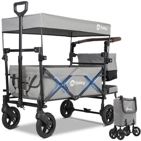 Sekey Bollerwagen 150 kg Faltbarer Bollerwagen mit Dach und 3-Punkt-Sicherheitsgurt, Faltbarer Handwagen Schiebegriff, Transportwagen mit Bremsen