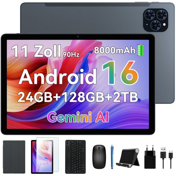 KINGRID T90 11" Android 16 WiFi mit Tastatur/Hülle/Maus Tablet (11", 128 GB, Android16, Android 16, FHD Display, mit Zubehör, Gemini AI)