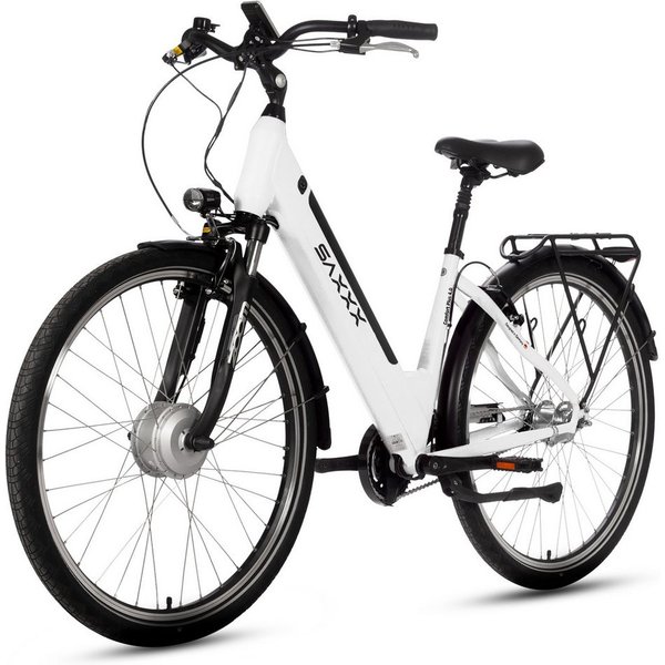 SAXXX E-Bike Cityrad 28 Zoll, max.90km, Federsattelstütze, Federgabel mit Lockout, V-Bremse, 7 Gang Shimano NEXUS Schaltwerk, Nabenschaltung, Frontmotor, 418 Wh