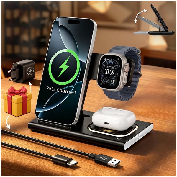 SWGOTA 2026 Ladestation Ladegerät Apple Samsung, 4 in 1 25W Induktive MagSafe Wireless Charger (4 in 1 iPhone Ladestation, 25W Wireless Charger, Qi 2.0 Schnelll