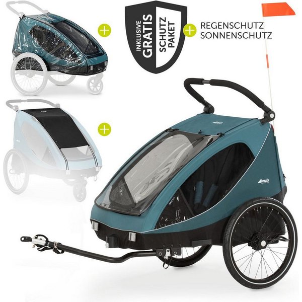 Hauck Fahrradkinderanhänger Dryk Duo - Ocean Green, Fahrradanhänger Buggy für 2 Kinder mit Regen-und Sonnenschutz