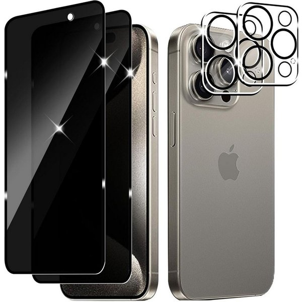 MSM Displayschutzglas 4in1 Schutzglas für iPhone 15 Pro Panzerfolie Blickschutz Anty-Spy