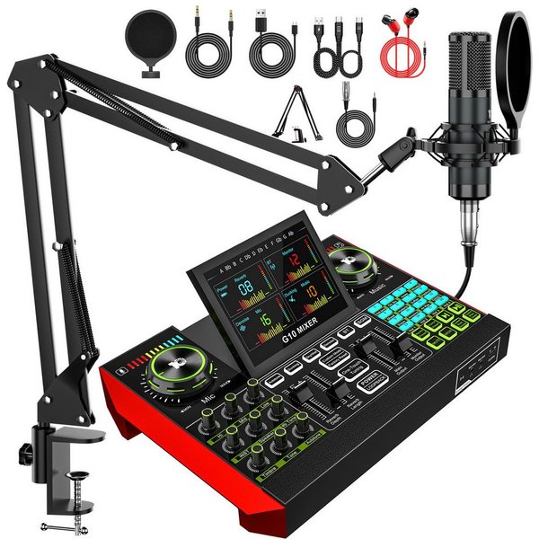 home trends Tenlamp G10 Zehn Lampen Podcast- & Streaming-Set mit Mixer Soundkarte 7.1 Surround, USB-Plug-and-Play, Display, Stimmwechsel, Aufnahme, Hall