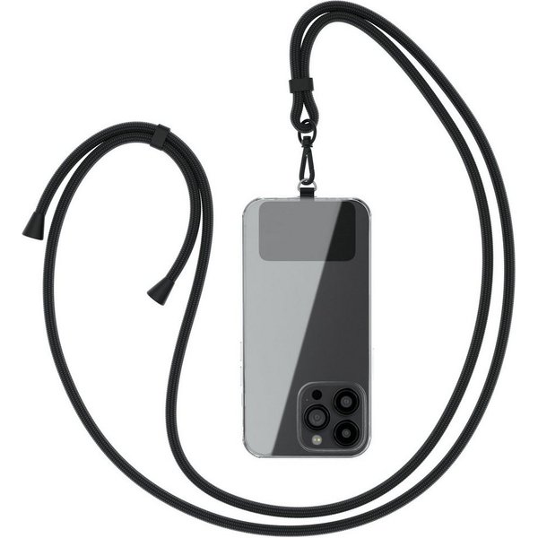 EAZY CASE Handykette Umhängeband Clips Schwarz mit extra Handband, Kette zum Umhängen Pad mit Kordel Uni Smartphonekette Schwarz Black