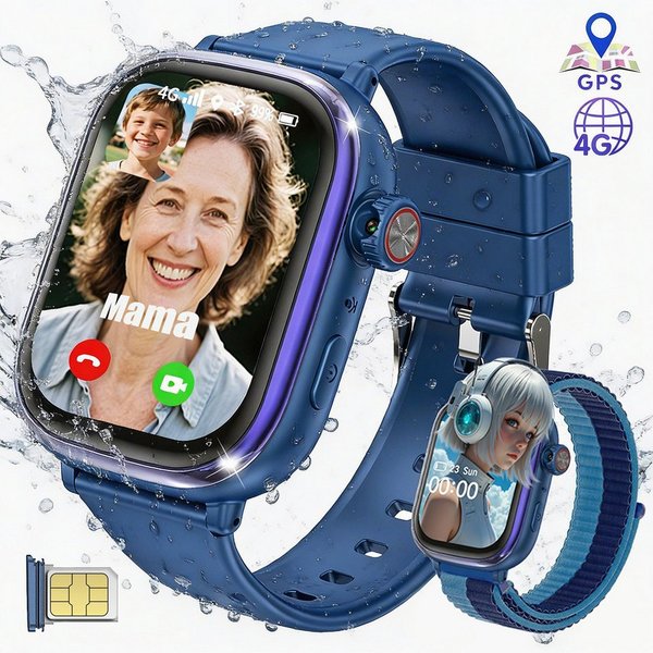 Vashoy 2026 T86 Smartwatch Kinder mit GPS Ortung kinderuhr & SIM-Karte Smartwatch (5 cm/2 Zoll, Android/4G (LTE) Mit App-Download-Funktion, 5-tlg., AMOLED-Displ