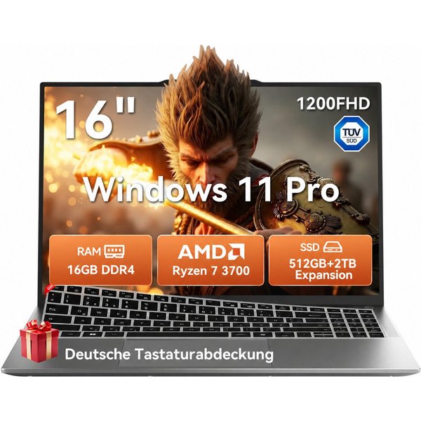 blackview 2026 16‘’ Laptop AMD Ryzen 7 16GB RAM 512GB SSD FHD IPS Windows 11 Pro Notebook (Radeon Vega 10-Grafikkart AMD Ryzen 7 AMD Ryzen 7 3700U, AMD Ryzen 7 
