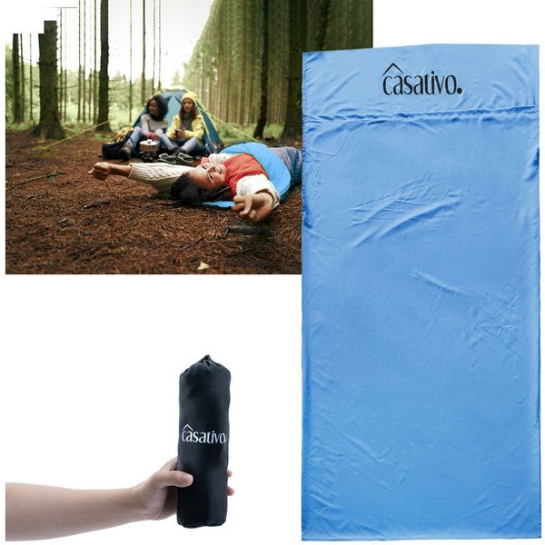 Casativo Hüttenschlafsack Ultraleicht Hüttenschlafsack aus atmungsaktiven Mikrofasern 200g Blau (1 tlg), Kissenfach & Transporthülle, 210x75 cm, Packmaß (6x25 c