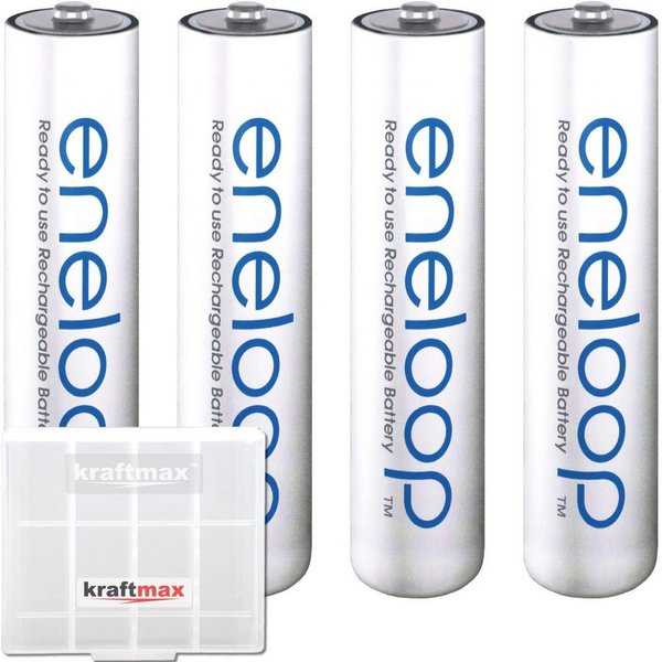 kraftmax 4er Pack Panasonic Eneloop AAA Akku Batterien in Kraftmax Akkubox Akku Panasonic Eneloop AAA HR03 800 mAh (1,2 V V, 1 St), Kraftmax Akkubox für sichere