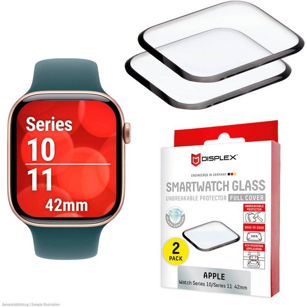 Displex Displayschutzglas Smartwatch Glass Unbreakable Protector Full Cover für Apple Watch Series 10 42 mm, Apple Watch Series 11 42 mm, Packung, Displayschutz