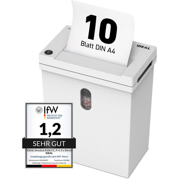 IDEAL Aktenvernichter IDEAL SHREDCAT 8100 CC, 5 x 30 mm Partikelschnitt, Sicherheitsstufe P-4, bis 12 Blatt, 20 l Auffangvolumen, DSGVO-konform