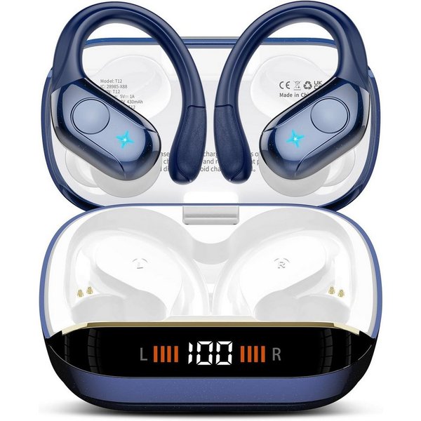 Futicare Bluetooth Kopfhörer, Sportkopfhörer mit Ohrbügel, Bluetooth 5.4, In-Ear-Kopfhörer (75 Std. Akku, 14,2 mm HiFi Stereo, 4 Mikrofone ENC, IP7 für Laufen, 