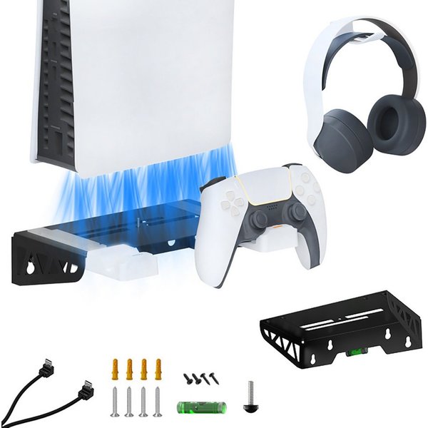 ibettertec Wall Mount Wandhalterung PS5 Slim mit Lüfter mit Controller-Ladegerät Controller-Ladestation (Controller-Ladegerät für PS5, Ladestation PS5 mit Kopfh