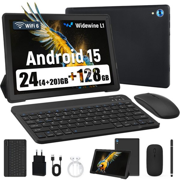 Happybe 10,1 Zoll Android, 128GB mit Tastatur Maus Stylus Hülle Set Tablet (10", 128 GB, Android, WiFi 6, 24(4+20)GB RAM, 1280×800 HD mit Blaulichtfilter für HD