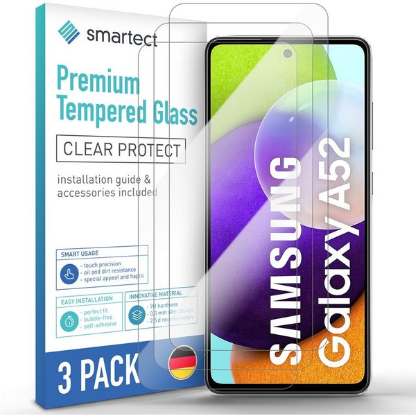 smartect Displayschutzglas 3X Schutzglas Panzerfolie für Samsung Galaxy A52 4G/ A52 5G/ A52s 5G für Samsung Galaxy A52 4G/ A52 5G/ A52s 5G, Set, 3 Stück, 0.3 mm
