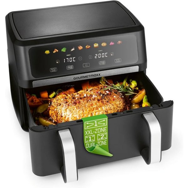 GOURMETmaxx Heißluftfritteuse GOURMETmaxx Heißluft-Fritteuse 2800W schwarz/Edelstahl Vario-Doppelkammer 10l, 2800 W, Heißluftfritteuse XXL - 10 Programme - 8° g