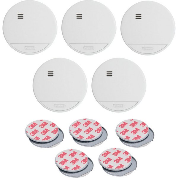 ABUS Rauchmelder RWM150, 10-Jahres-Batterie, Weiß, 5er Set + Magnethalter Rauchmelder (Optischer Rauchmelder, für Wohnräume & VdS geprüft nach DIN EN 14604)