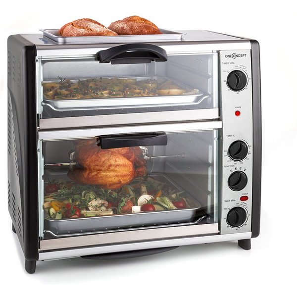 ONECONCEPT Minibackofen All-You-Can-Eat Doppel-Backofen 42L 2350W Grillplatte Drehspieß, Minibackofen Doppel-Ofen 28+14L mit Roste & Touchsteuerung
