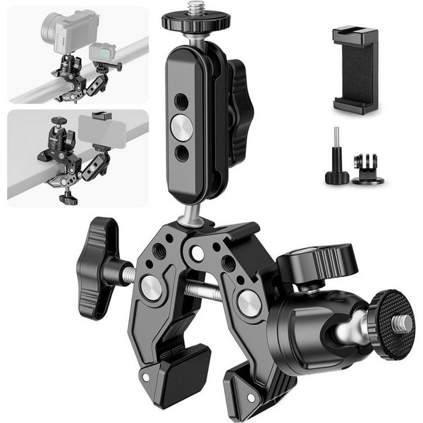 Neewer Kamerahalterung ST85 Super Clamp mit 7.6 cm Doppelkugelkopf-Magic-Arm, (bis 3,3 Zoll, Packung, Farbe:schwarz, Grundfarbe:schwarz, mit 360° Kugelkopfadapt