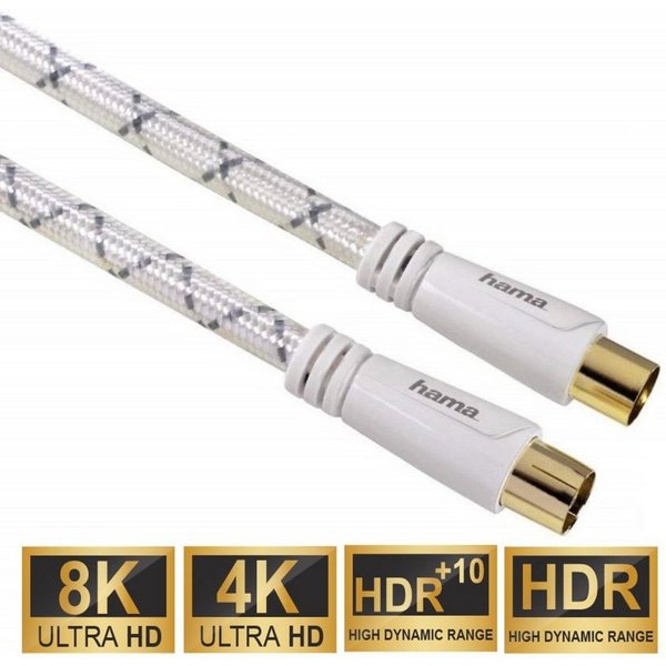 Hama HQ 5m Antennen-Kabel 120db Koaxial-Kabel Weiß LAN-Kabel, Koaxial, Koaxial (500 cm), Koax-Kabel, 120 db, 4-Fach geschirmt, vergoldet, 5m, für TV LED etc