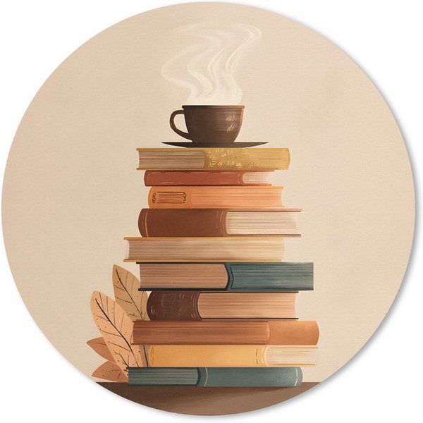 MuchoWow Mauspad Bücher - Turm - Kaffee - Beige (1-St), Büro für Tastatur und Maus, Mousepad Gaming, Rund 20x20 cm