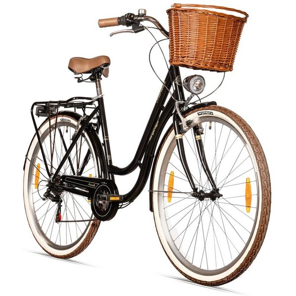 bergsteiger Cityrad Marseille 26 Zoll, 28 Zoll Damenfahrrad, ab 150 cm, Korb aus Rattan, 6 Gang, Kettenschaltung, V-Bremsen