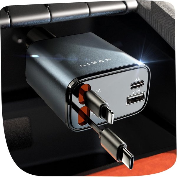 GreenHec 84W KFZ Ladegerät USB C Zigarettenanzünder Einziehbar Schnelllader USB-Ladegerät (4-in-1, 45W USB-C PD, einziehbare Kabel, 84W gesamt, 12V/24V)