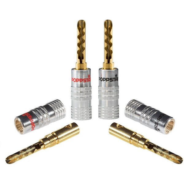 Poppstar Hohl Bananenstecker / Bananas für Lautsprecherkabel (bis 6mm) Audio-Adapter, für Lautsprecher, AV Receiver (Kontakte vergoldet, 2x schwarz, 2x rot)