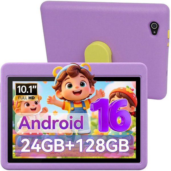 Happybe 10 Zoll 64GB/128GB Android 16 mit Hülle Kindersicherung WLAN Kinder Tablet (10.1", 128 GB, Android, 24(3+21)GB RAM, 6000 mAh)