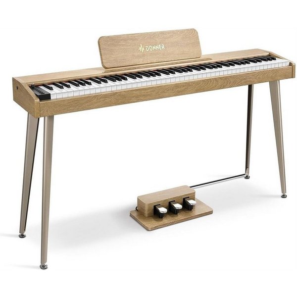 Donner Digitalpiano 88 Tasten halbgewichteter Tastatur Holzmaserung Keyboard DDP-60 (SET, 3-Pedal-Einheit,Netzadapter, Notenständer, Produktanleitung), 128 Stim