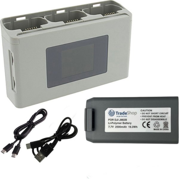 Trade-Shop 2in1 Set: Akku + 3-fach Ladegerät passend für DJI Mini 4K Zubehör Drohne (mit Powerbank und SD-Speicherkartenaufbewahrung / Anschluss über USB-C)