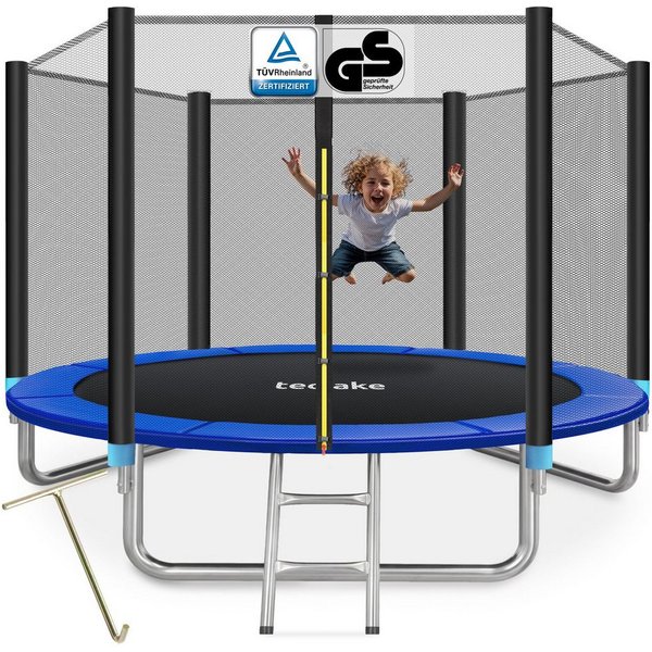 tectake Gartentrampolin Kindertrampolin mit Einstiegsleiter und Sicherheitsnetz Ø 305 cm, (Outdoortrampolin Garfunky, in schwarz/blau), GS zertifiziert, Randabd