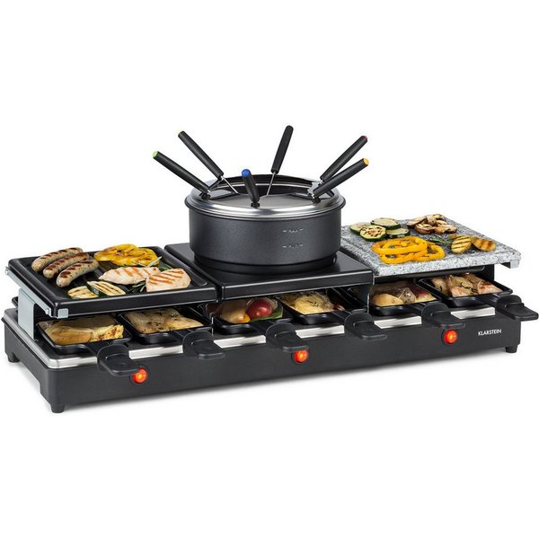 Klarstein Raclette und Fondue-Set Fonduelette XL 3-in-1 Raclette Fondue Naturstein 1650W 12 Personen, Tischgrill Heißer Stein Käseschmelzer mit Pfännchen für Pa