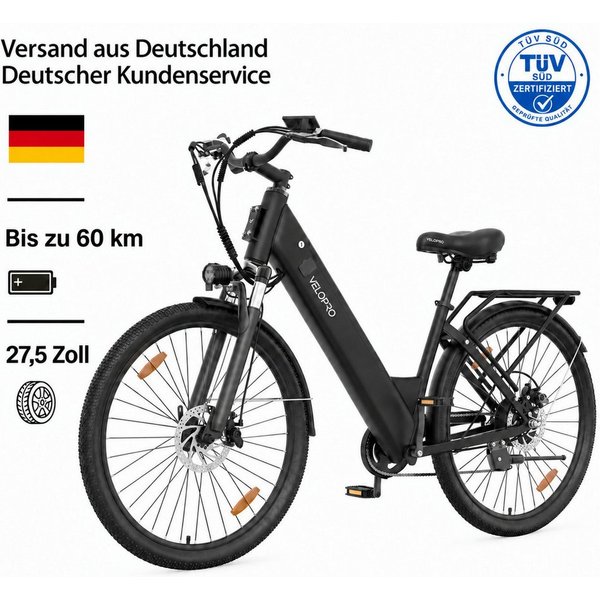PIXAR E-Bike Cityrad Velopro C1 27,5 Zoll City Elektrofahrrad, 36 V 13 Ah Akku, 7-Gang, 7 Gang, Heckmotor, 468 Wh, Multifunktions-LCD, 250W Heckmotor, Gepäckträ