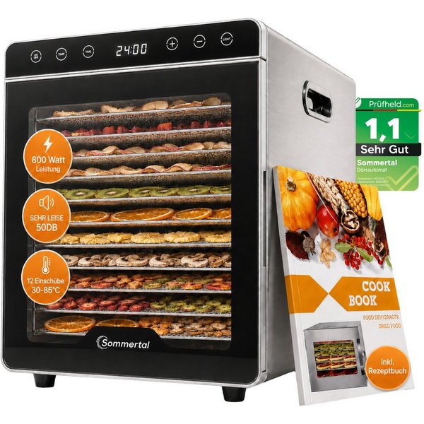 Sommertal Dörrautomat Sommertal Dörrautomat Silence 800 12 Edelstahl-Einschübe 800 W, 800W, 30–85°C & 24h Timer – Dörrgerät Edelstahl & Kräutertrockner
