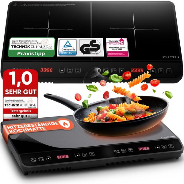 Stillstern Doppel-Induktionskochplatte Doppel-Induktionskochfeld, Schnelles Aufkochen + Temperatureinstellung, 3600W, 24h. Timer, Lautlos-Funktion, Glaskeramik