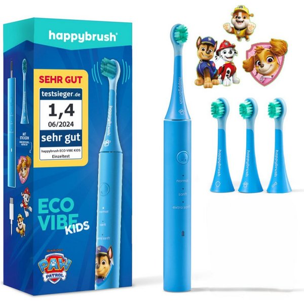 happybrush Elektrische Kinderzahnbürste PawPatrol - 4 Monate Akku - 100 Tage Probeputzen - mit Stickern, Aufsteckbürsten: 4 St., PawPatrol Kinderlernzahnbürste,
