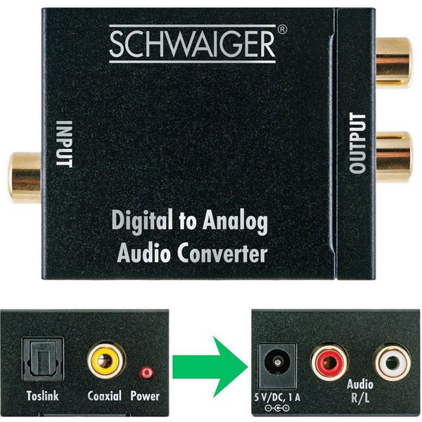 Schwaiger DAC Audio Konverter Adapter Box Gerät Wandler Audio-Adapter zu Koaxial RCA, Cinch, Toslink, 100 cm, Digital Koax Toslink optisch auf Analog Cinch 2x R