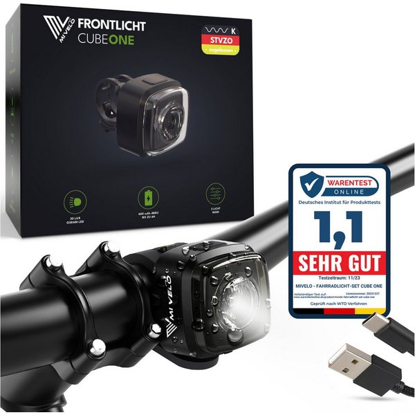 MIVELO Fahrradbeleuchtung CUBE Fahrradlicht Set LED - Akku USB aufladbar wasserdicht, OSRAM LED