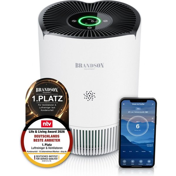Brandson Luftreiniger für Allergiker, HEPA 13 + Aktivkohle, WLAN-App, 158 m³/h, 45 m², für 45 m² Räume, PM2,5-Anzeige, 4 Geschwindigkeiten, Timer und Kindersich