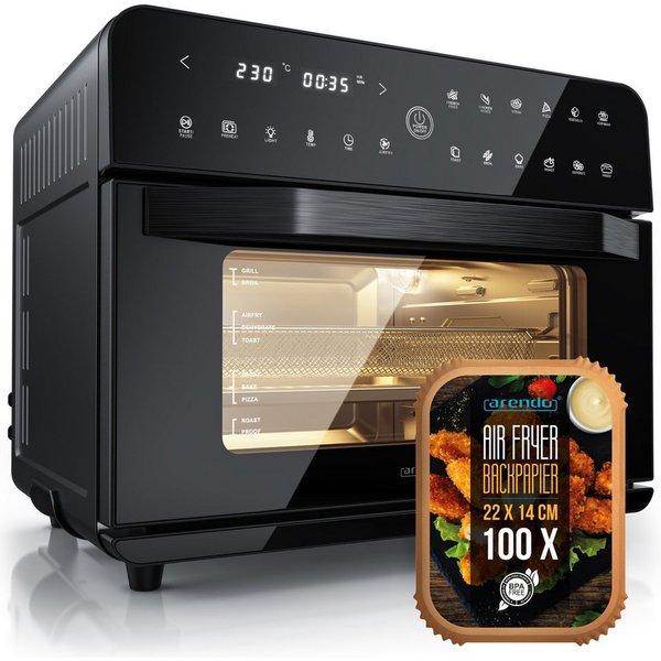 Arendo Minibackofen Airfryer 25L Edelstahl Multifunktionsofen, XXL Heißluftfritteuse 1800W, mini Backofen mit Backpapier, Backblech, Dörrblech, Rost, Frittierko