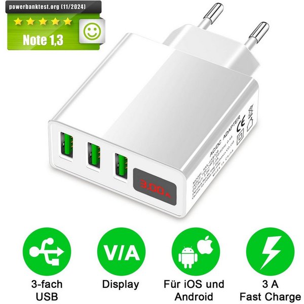 EAXUS 3A USB Netzteil mit Schnellladefunktion und Display USB-Ladegerät (3000,00 mA, 1-tlg., Zeigt Ladegeschwindigkeit an, 3 USB Ports für gleichzeitiges Laden)