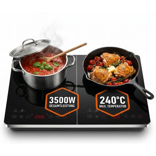 Sommertal Einzel-Induktionskochplatte Sommertal Induktionskochfeld 2 platten 3500W Tragbar Super Slim, Design bis 240 °C mit 4h Timer mit Touch-Bedienung